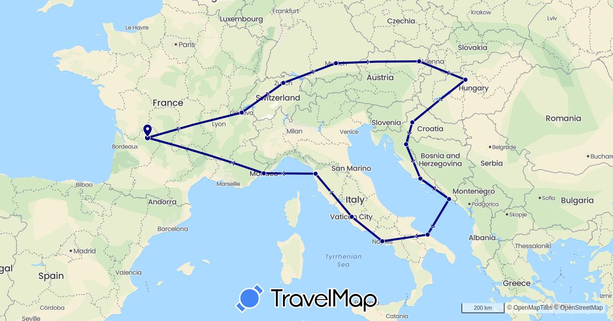 TravelMap itinerary: driving in Austria, Switzerland, Germany, France, Croatia, Hungary, Italy, Monaco (Europe)